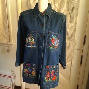 Vintage Casey Coleman Embroidered Bird Garden 4 Seasons Oversized Denim Jacket